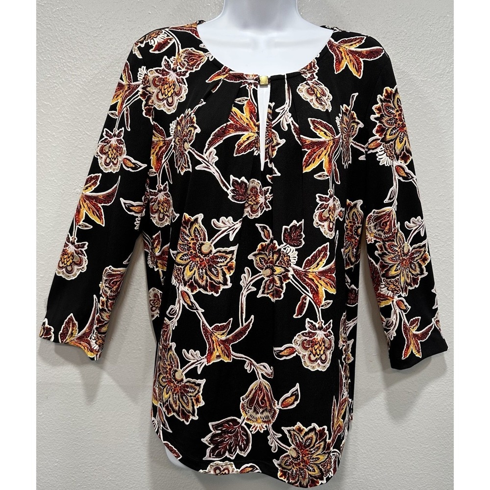 Liz Claiborne Blouse Womens Size Large Black Floral Pattern  3/4 Sleeves Stretch